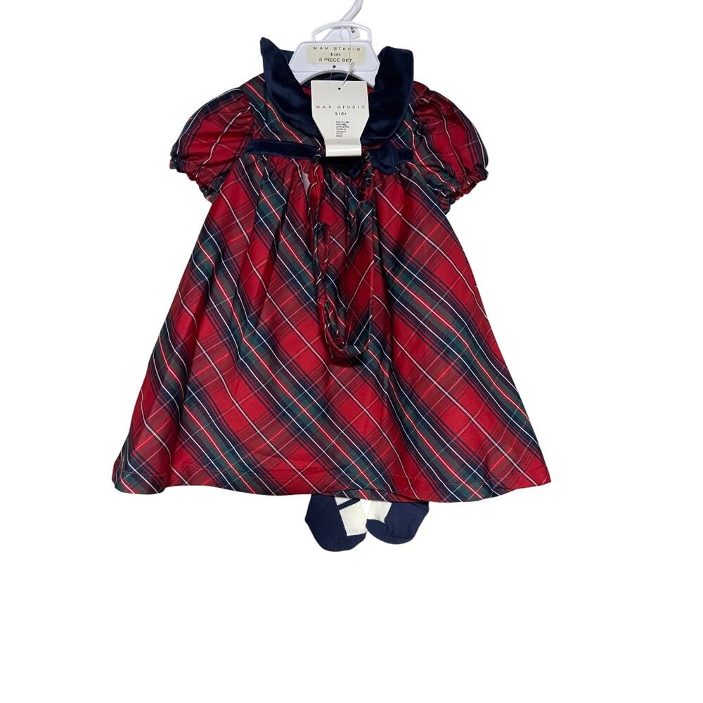 Max Studio Kids Plaid Red Tartan Dress White Tights Set Girls Infant 3-6 Months